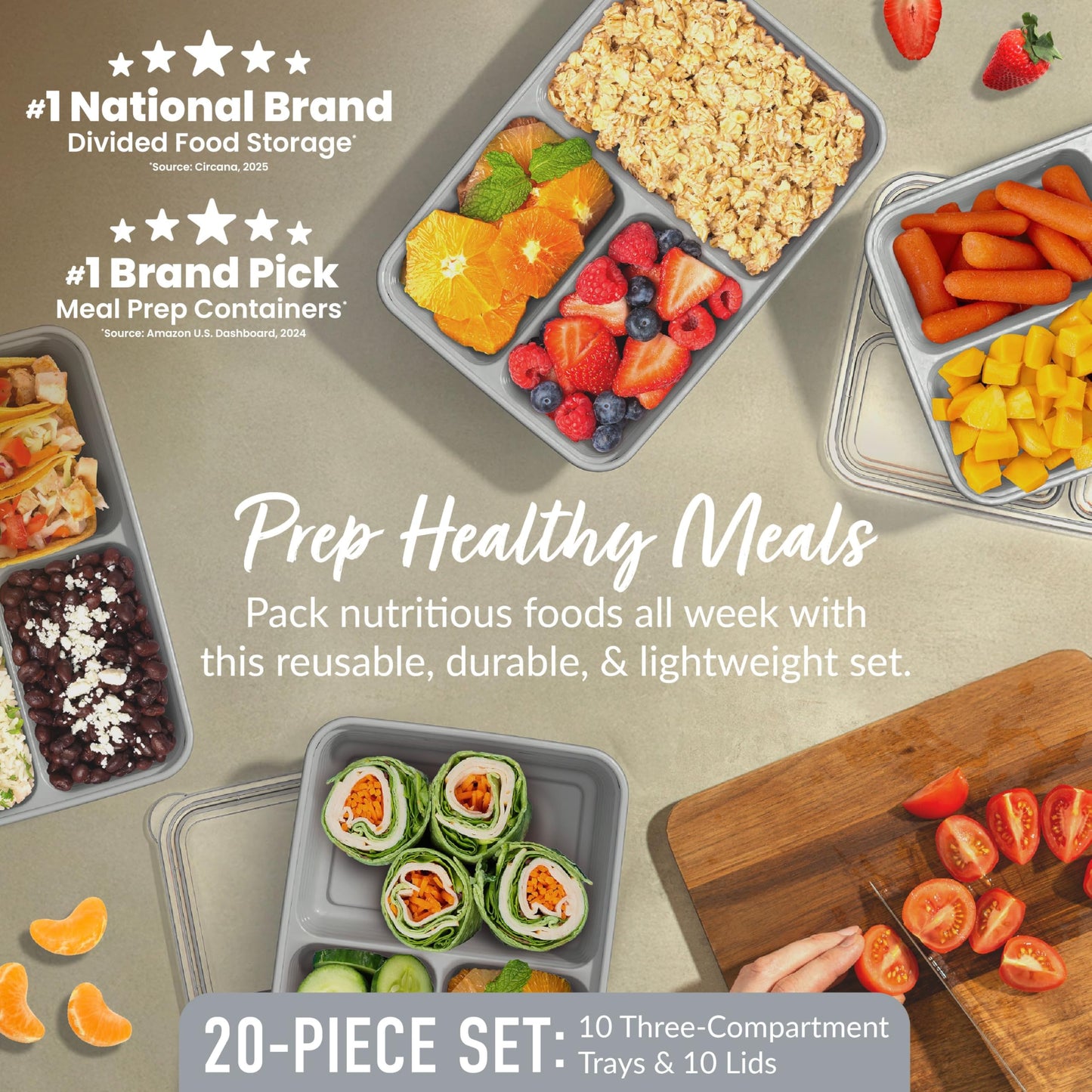 Bentgo Prep - 20-Piece 3-Compartment Reusable Meal Prep Containers with Lids, PFAS & BPA Free Materials, Durable, Microwave, Freezer, & Dishwasher Safe To Go Food Storage (Silver)