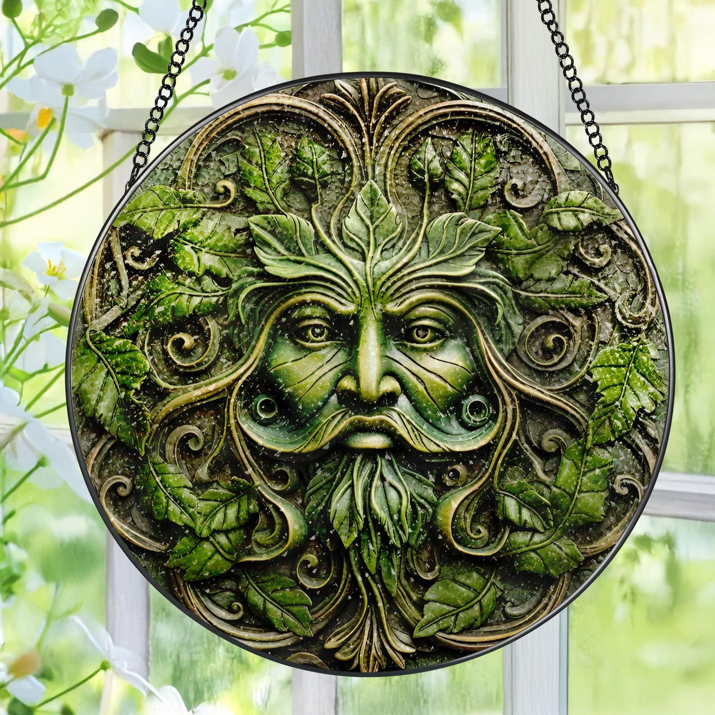 Green Man Stained Glass Suncatcher, Stained Glass Window Hanging, 8 Inch Window Decor Hanging, Gift for Garden Lovers, Fathers Day Birthday Gifts for Dad Grandpa Man Bother Husband Lover