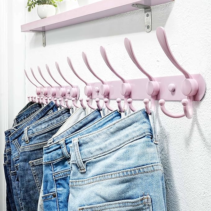 Dseap Coat Rack Wall Mounted - 5 Tri Hooks, Heavy Duty, Stainless Steel, Metal Coat Hook Rail for Coat Hat Towel Purse Robes Mudroom Bathroom Entryway, Pink