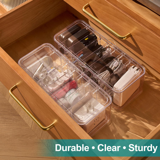 Omeba Cord Organizer Box 2 Pack – Clear Cable Organizer with Adjustable Dividers, Fits Up to 10ft Cables, Cord Storage Organizer for Chargers & Tech Accessories – Includes 16 Velcro Ties