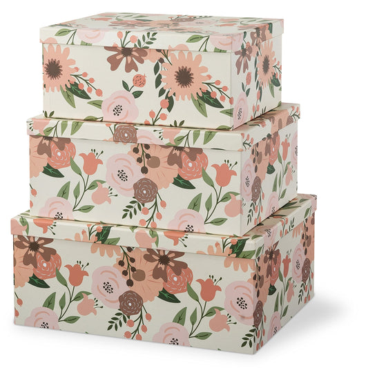 Soul & Lane Decorative Cardboard Storage Boxes with Lids for Home Decor and Organization, Set of 3 Large Keepsake Boxes for Memories & Gifts, Nesting Floral Photo Storage Containers, Peach Blossoms