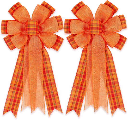 Skiennix Fall Bows - 2 Pack Halloween & Thanksgiving Wreath Decorations | Orange Buffalo Plaid
