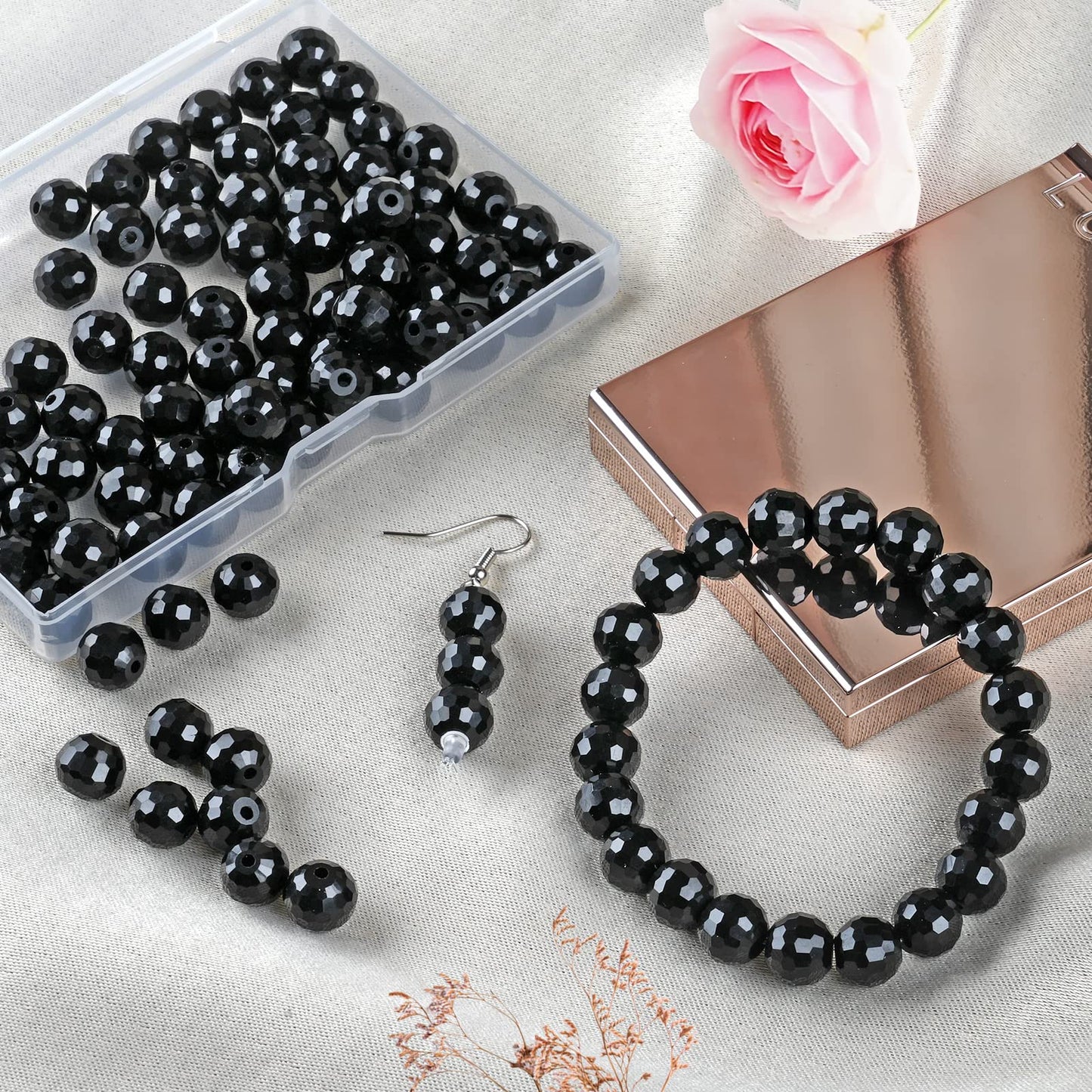 Crystal Glass Beads for Jewelry Making, 80 Pieces Crystal Beads, 10mm Glass Beads, Round Faceted Beads Bulk for Craft Necklace Bracelet Earring (Black Color)