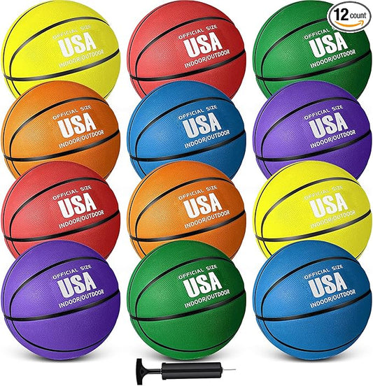 Libima 12 Pcs Operation Christmas Rubber Basketballs Official Size Bulk with Pump Multicolor Basket Balls Streetballs Set for Adult Youth Indoor Outdoor Training Games Sports Gifts