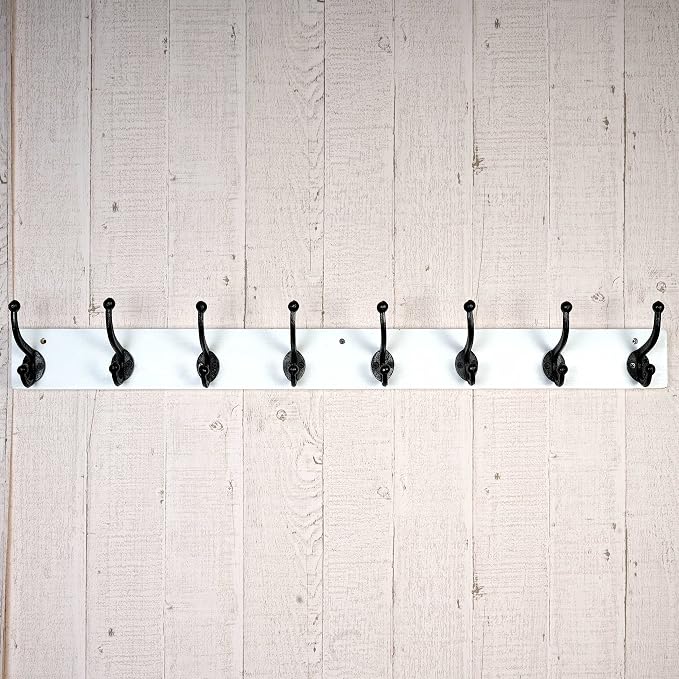 WEBI Rustic Coat Rack Wall Mount,35.43" Long 8 Cast Iron Coat Hooks Wall Mounted,Heavy Duty Wall Coat Hanger Hooks for Hanging Coats,Clothes,Black on White
