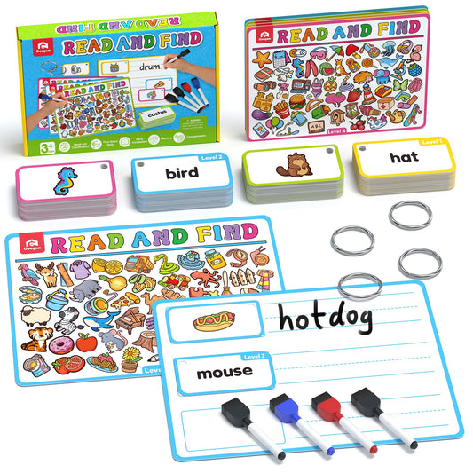 Coogam Search and Find Activity Cards for Kids, 220 Sign Words Dry Erase Busy Book Travel Games, Educational Montessori Toy Learning Flashcards for Kindergarten Preschool 3 4 5 Years Old Kids