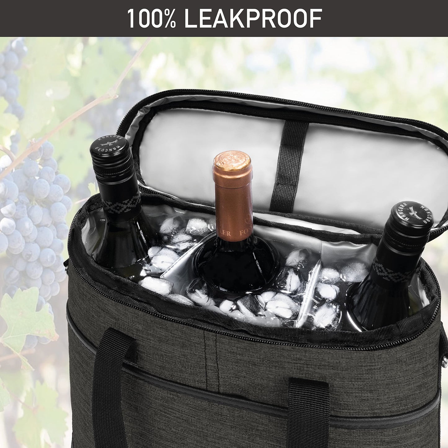 opux 3 Bottle Wine Carrier Tote, Insulated Leakproof Wine Cooler Bag, Wine Travel Bag for Picnic BYOB Beach, Portable Wine Bottle Carrying Case, Gift for Wine Lover Women Men Christmas, Charcoal Grey