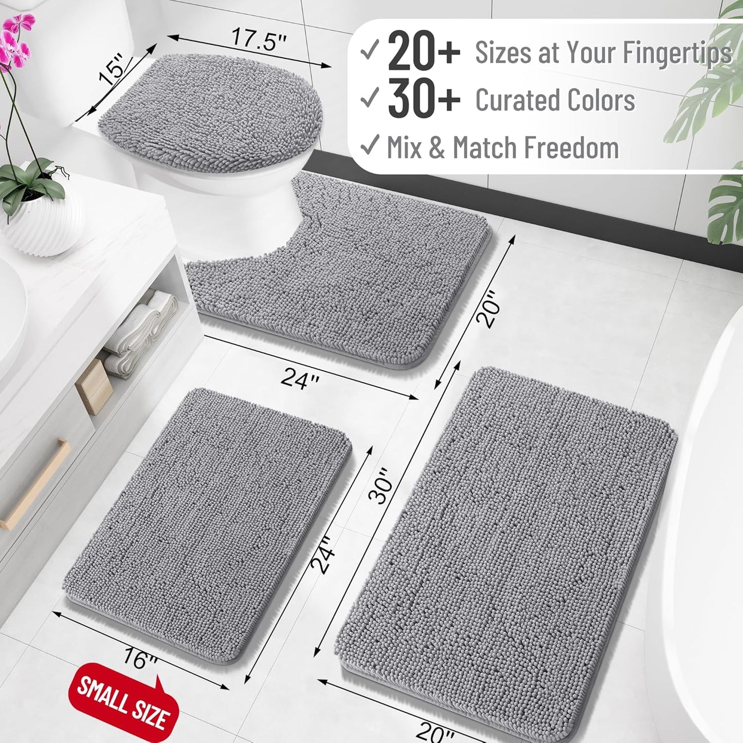 OLANLY Chenille Bath Rug Set - U-Shaped Toilet Rug & Bathroom Mats | Grey, 3-Piece Bundle (30x20, 24x20)