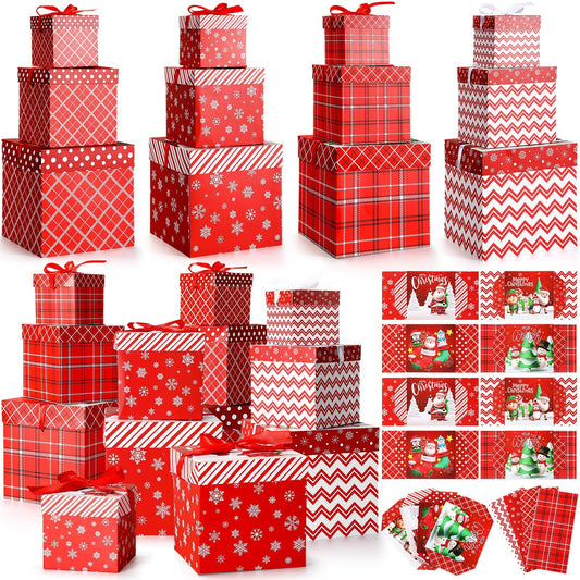 Tenceur 8 Sets Christmas Nesting Gift Boxes with Lids 3 Assorted Sizes Stackable Nested Xmas Boxes with Bows Decorative Stacking Square Present Box for Xmas Holiday Gift, 4 Styles