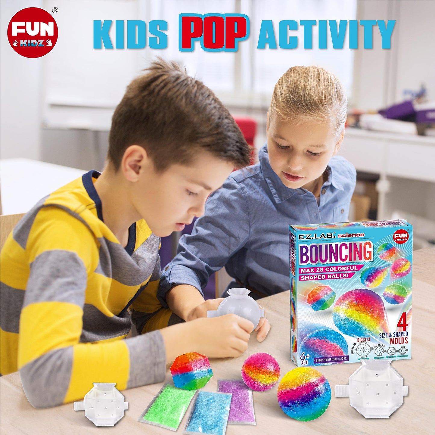 Big Bouncy Ball Kit for Kids, FunKidz DIY Ultimate Magic Bouncy Balls Making Kit Science Craft Projects Birthday Party Activities for Boys Girls Ages 6-12 Includes Tennis Size Ball Model and Powder