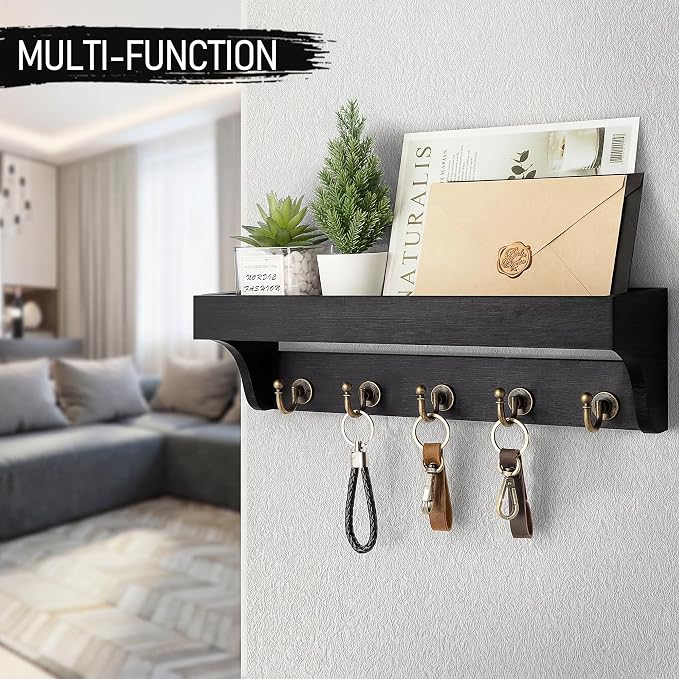 Rebee Vision Key Holder for Wall with Shelf : Decorative Key Organizer with 5 Rustic Keys Hooks and Primitive Wood Mail Organizer Wall Mount - Entryway Décor (Black)