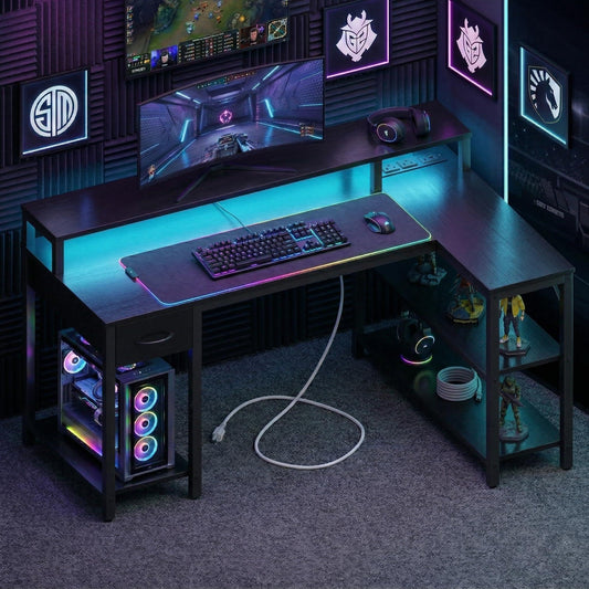 Simple Deluxe 47-inch L-Shaped Gaming Desk with LED Lights & Power Outlets, Reversible Corner Computer Desk with Monitor Riser, Drawer & Shelves, for Home Office, Black