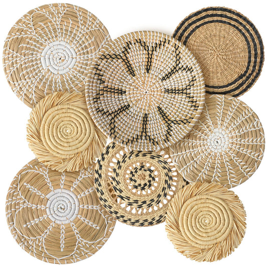 Xuhal 8 Pcs Boho Wall Basket Decor Decorative Bulrush Woven Basket Wall Decor Rustic Farmhouse Hanging Baskets for Kitchen Rustic Home Summer Decorations