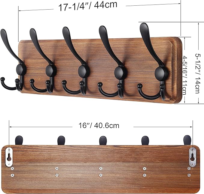 SKOLOO Rustic Wall Mounted Coat Rack: 16" Stud Spacing, Pine Real Wood Plank Wall Coat Rack with 5 Triple Hooks, Farmhouse Coat Hanger Wall Mount for Hanging Backpack Jacket Coat Hat,Pack of 2