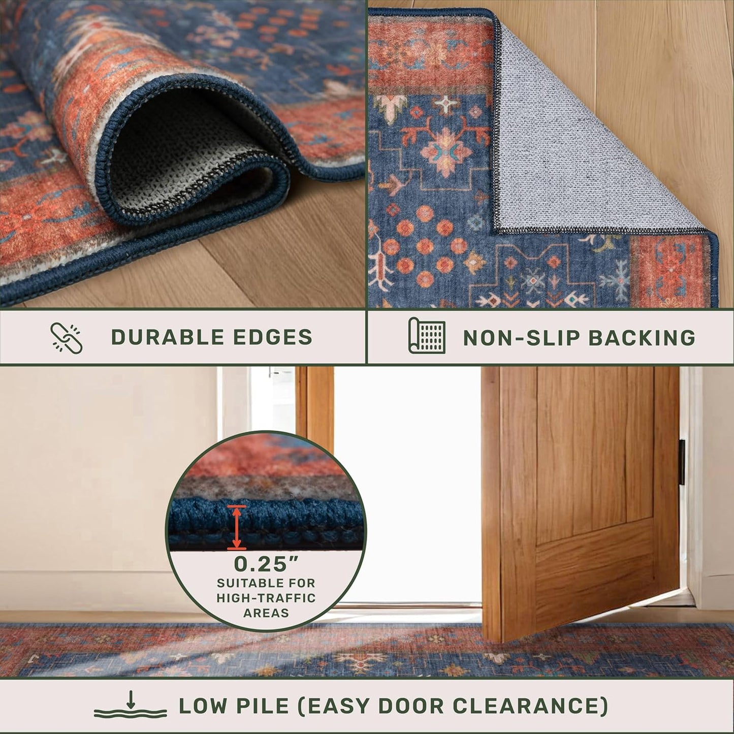Skiennix Large 3x5 Kitchen Rug - Non-Slip, Machine Washable, Stain Resistant | Tribal Farmhouse Décor (Navy Blue)