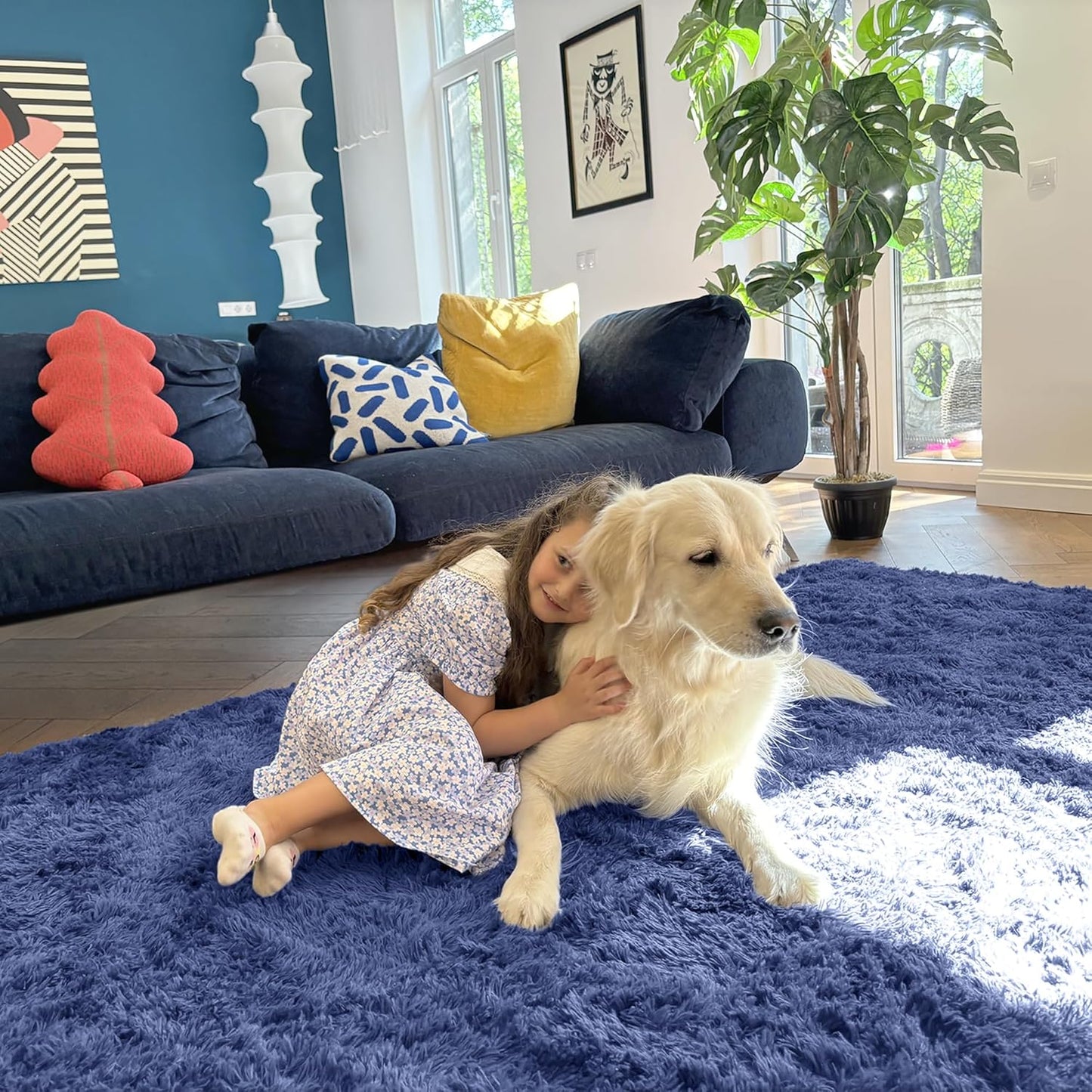 OLANLY Large Area Rug - Soft Fluffy Shaggy Indoor Carpet for Living Room & Bedroom | Denim Blue 6x9