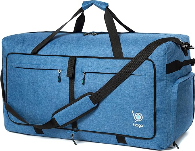 Bago Large Foldable Duffel Bags for Traveling Women & Men - 100L Packable Duffle Bag for Travel with Shoe Compartment - Water Repellant, Heavy Duty, Lightweight Folding & Collapsible (SnowBlue)