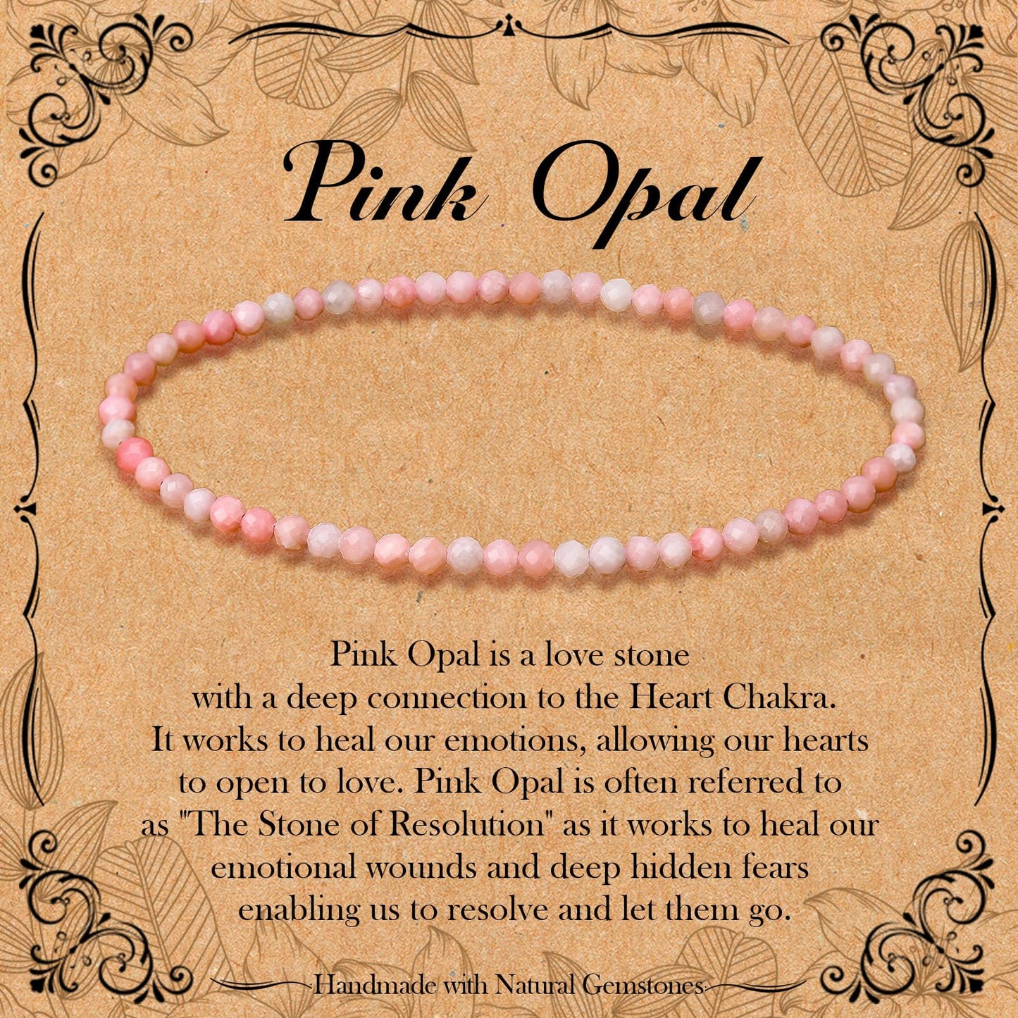 BONNY BOXX Natural Genuine Gemstone Faceted Round Beads Bracelets, 3mm Adjustable Stretchy Tiny Faceted Pink Opal Bracelet, Healing Crystal Reiki Chakra Dainty Jewelry Fashion Gifts