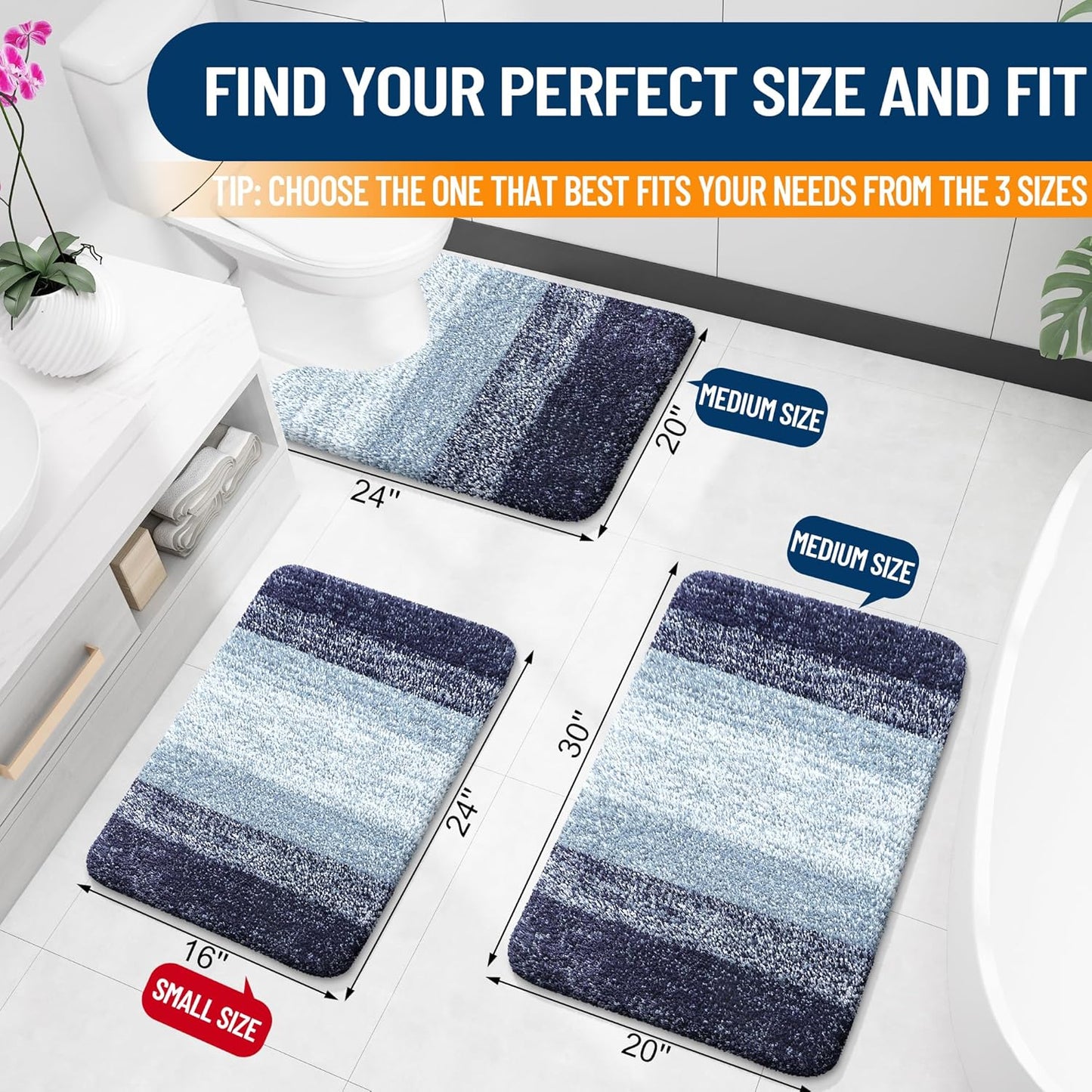 OLANLY Large Bathroom Rugs - Extra Soft Microfiber Mat 44x32 | Quick Dry & Washable, Airy Blue