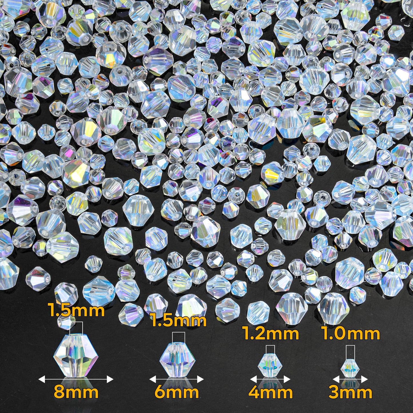 1550PCS Bicone Crystal Glass Beads Set for Jewelry Making, 3mm 4mm 6mm 8mm Sparkling Faceted Beads Sorted by Size for Bracelets, Necklaces, Suncatchers & DIY Crafts(AB White)