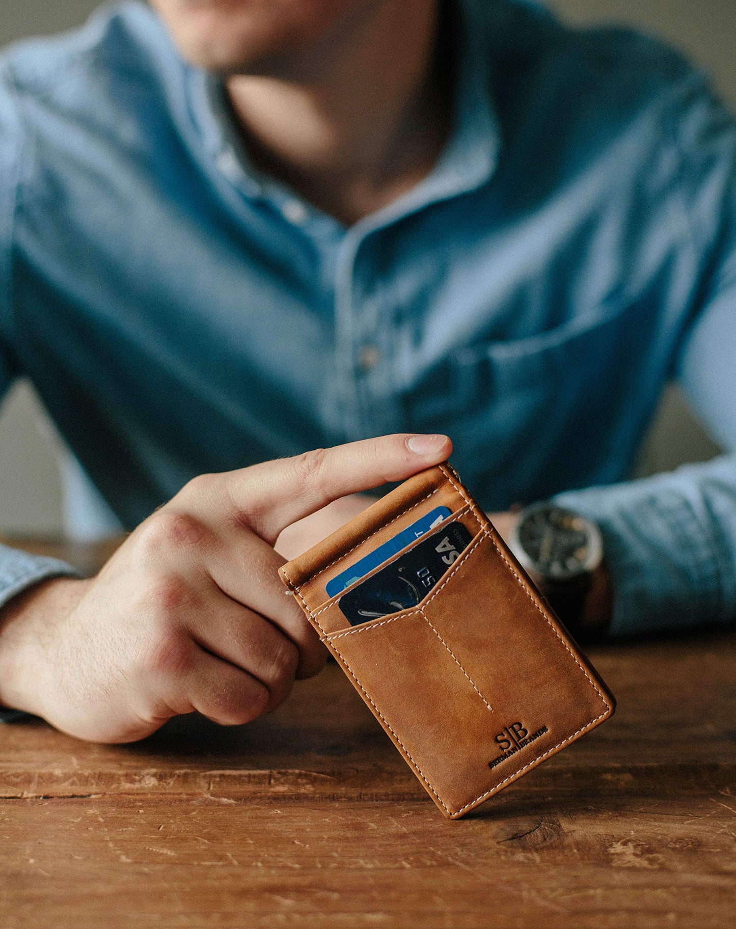 SERMAN BRANDS RFID Blocking Wallet Slim Bifold - Genuine Leather Minimalist Front Pocket Wallets for Men with Money Clip Gift (California Desert)