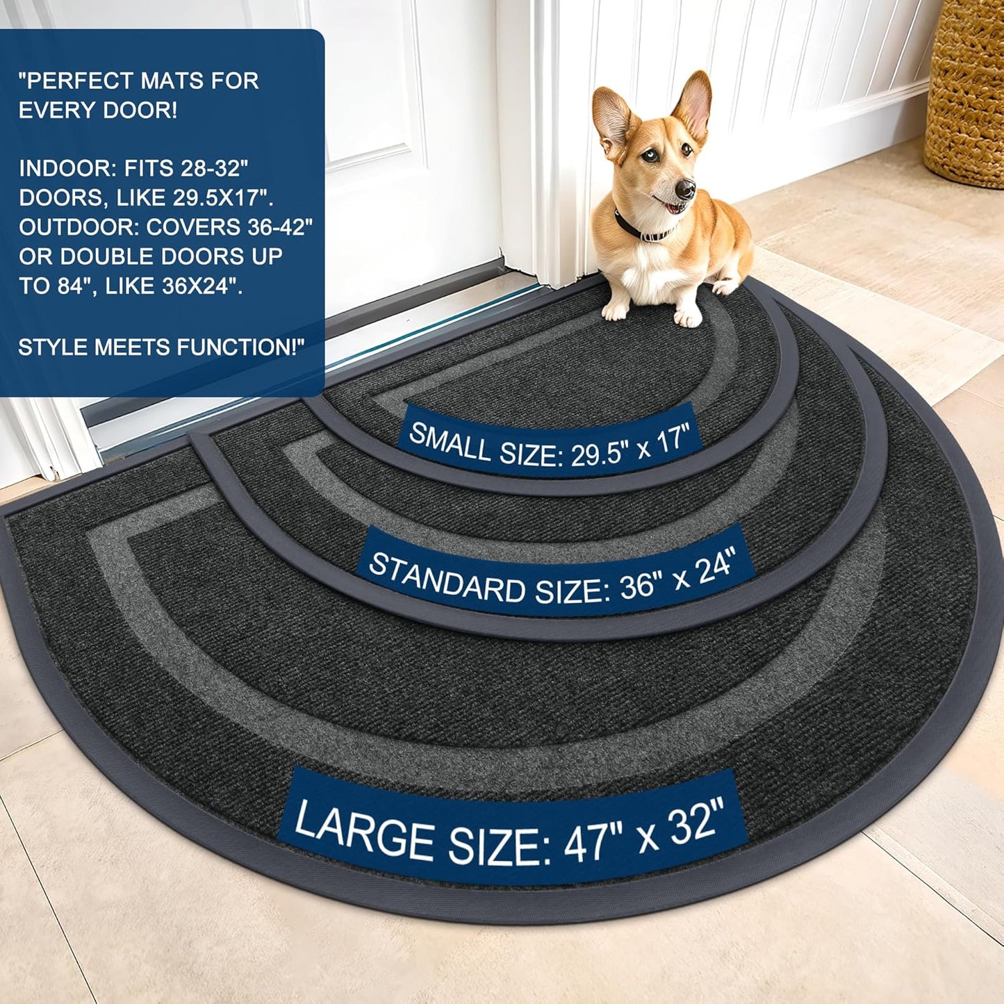 OLANLY Half Circle Door Mat - Waterproof All-Season Indoor/Outdoor Welcome Mat | 29.5x17, Black