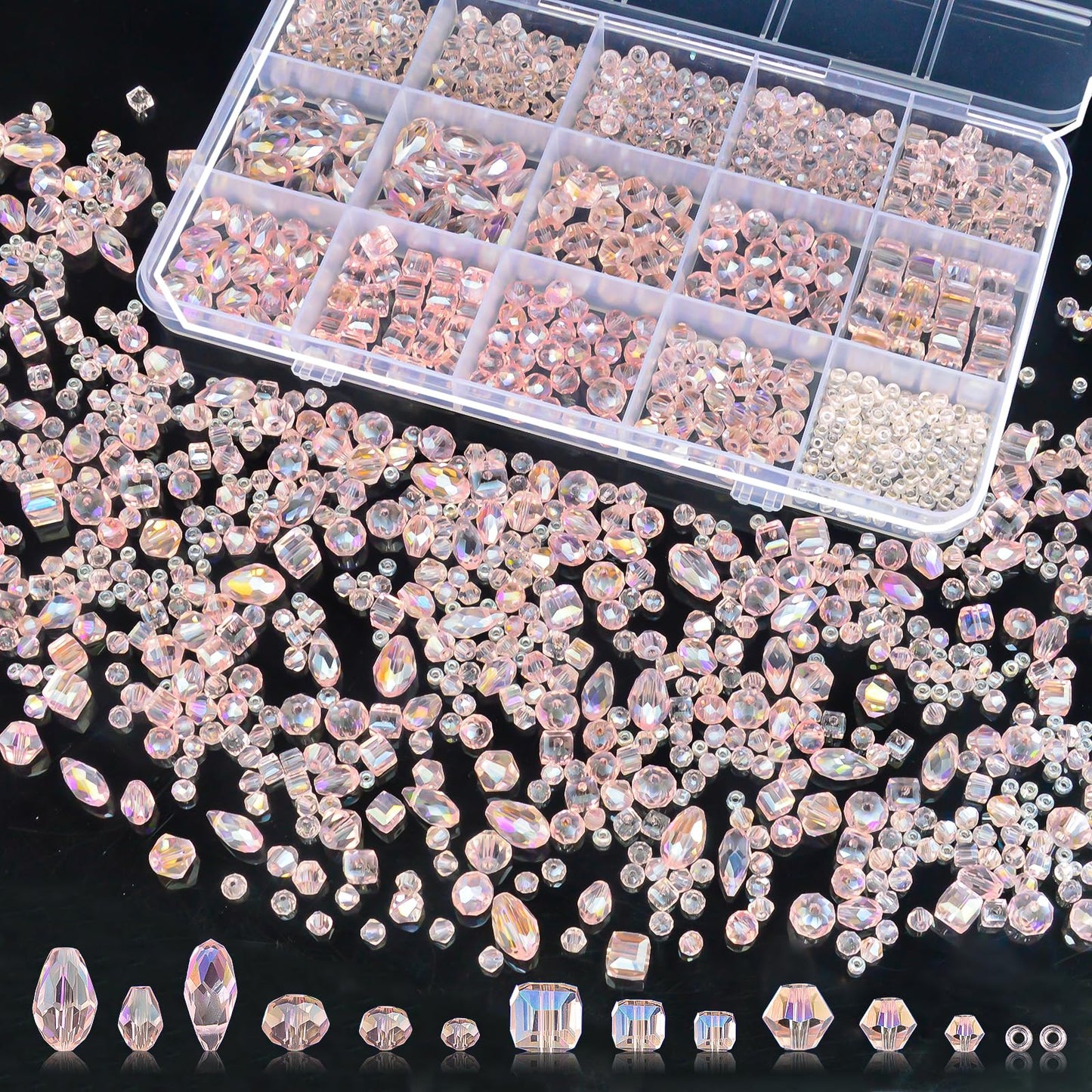 Laopottbeads 1500 Pcs Crystal Glass Beads for Jewelry Making – 12 Styles Bicone, Rondelle, Cube, Teardrop & 3mm Spacer Beads, DIY Bracelet Necklace Earring Craft Kit with Organizer Box(Pink)