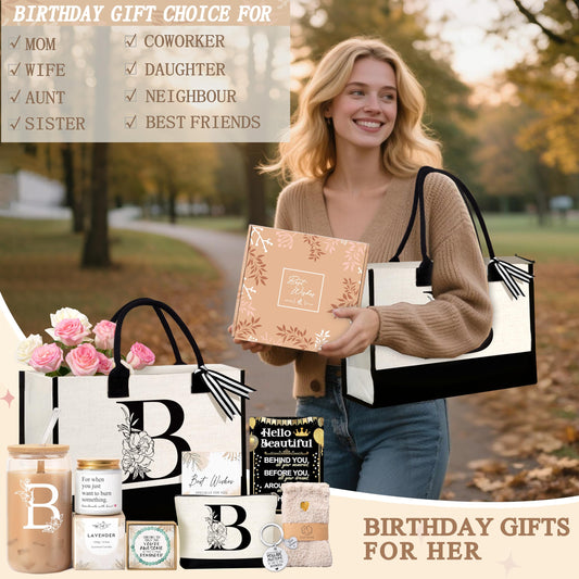 Lepiche Birthday Gifts for Women, Monogrammed Initial Gift for Teacher Wife Mom, Tote Bag,Glass Cup Gift Basket Personalized Christmas Mother's Teacher Appreciation Day,B