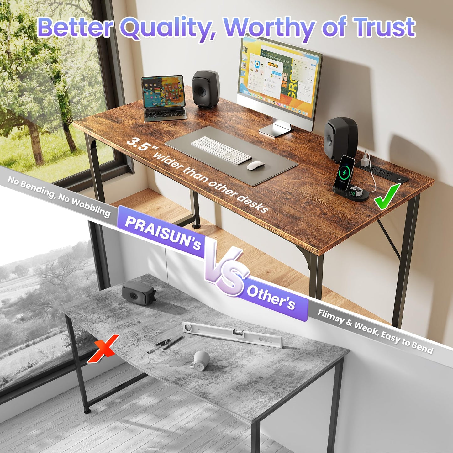PRAISUN 47 X 20 Inch Office Computer Desk with Power Outlets and USB-C Port, Larger Gaming Desk, for Home Office, Study, Bedroom, Writing Work from Home Table, Metal Frame, Rustic Brown
