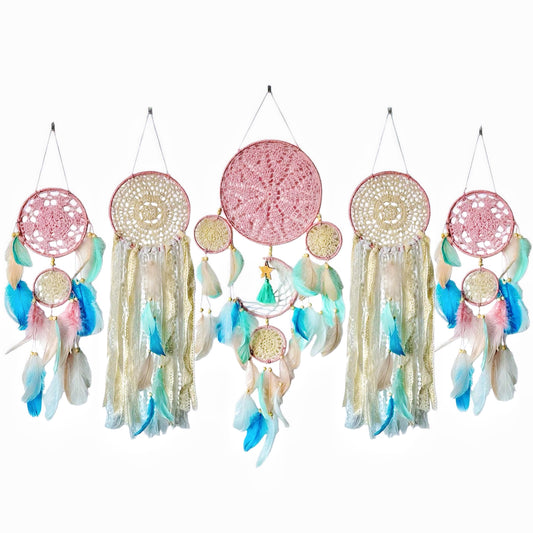Handmade Dream Catchers Set of 5, Pink Boho Macrame Wall Hanging Decor for Women, Gift for Mother's Day, Birthday, Christmas, Housewarming, Nursery, Teen Girl Bedroom Aesthetic