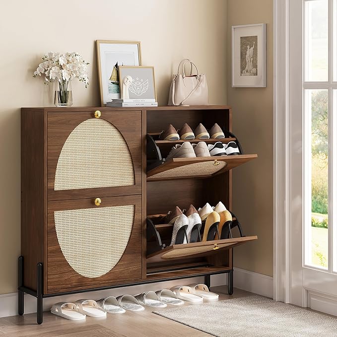 IRONCK Rattan Shoe Cabinet Storage with 4 Flip Drawers, Freestanding Shoe Storage Organizer Cabinet for Entryway, Narrow Shoe Rack Cabinet, Walnut