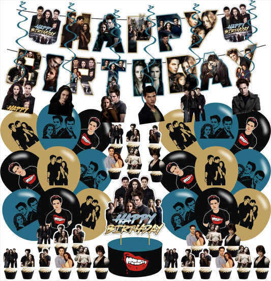 Vampire Party Decoration Include Twilight Saga Birthday Banner , Cake Topper Saga Party Latex Balloons,Swirls for Birthday Vampire Halloween Party Supplies