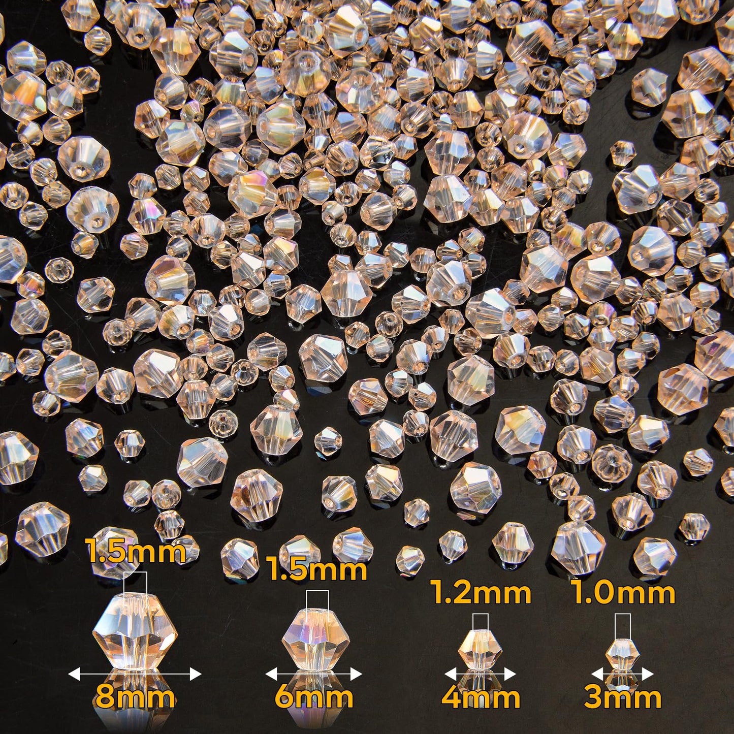 1550PCS Bicone Crystal Glass Beads Set for Jewelry Making, 3mm 4mm 6mm 8mm Sparkling Faceted Beads Sorted by Size for Bracelets, Necklaces, Suncatchers & DIY Crafts(Champagne Silver)