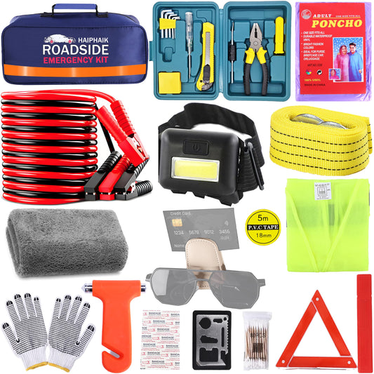 HAIPHAIK Emergency Roadside Kit for Car,Emergency Kits for Vehicles,Jumper Cables headlamps car Glasses Holder,Roadside Emergency Kit Women Men