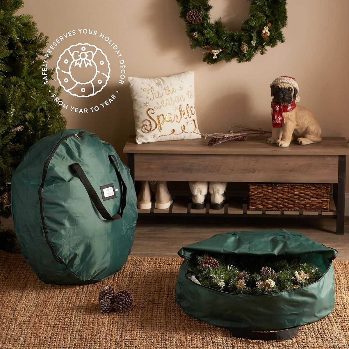 ZOBER 24-Inch Oxford Christmas Wreath Storage Container - Waterproof, Dual-Zippered Bag with Durable Handles | Green