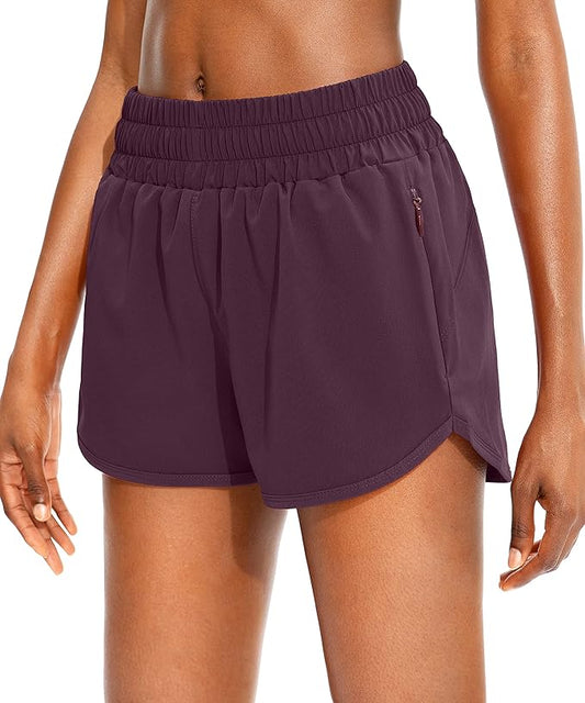 SANTINY Women's Running Shorts with Zip Pockets High Waisted Athletic Workout Gym Shorts for Women with Liner