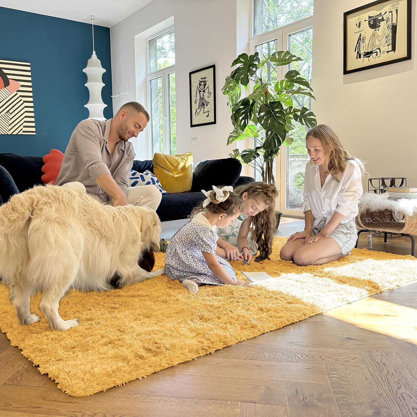 OLANLY Large Area Rug - Soft Fluffy Shaggy Carpet for Living Room & Bedroom | 5x8 Mustard Yellow