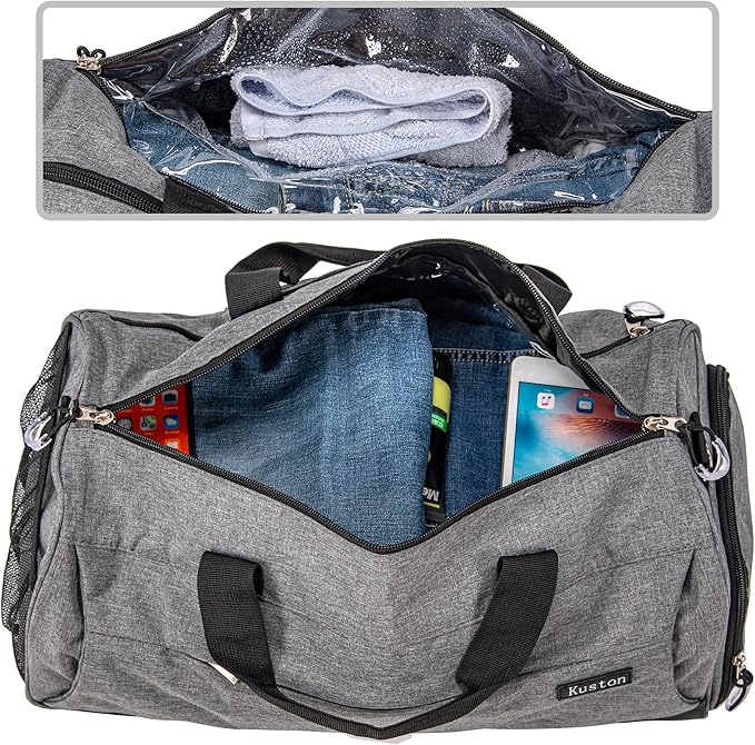 Kuston Sports Gym Bag with Shoes Compartment, Trolley Sleeve and Wet Pocket Gym Duffel Bag Overnight Bag-Upgraded