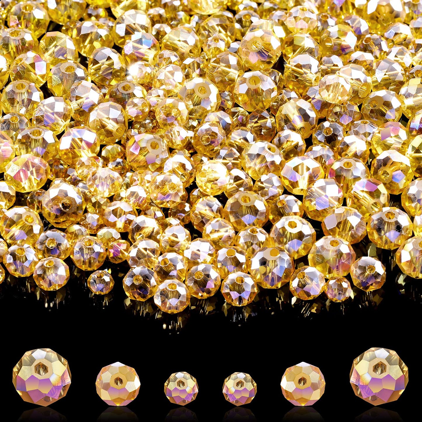 WILLBOND 600 Pcs Crystal Glass Beads for Jewelry Making Bulk Suncatcher Faceted Rondelle Loose Gemstone for Valentine's Day, Irish Holiday, Easter Bracelet DIY Crafts 8mm, 6mm, 4mm(Champagne Gold)