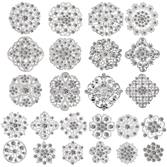 Hiceeden Lot 24 Pcs Crystal Brooches Pins, Silver Shining Clear Rhinestone Brooches Flower Jewelry Bridal Wedding Bouquet Kit Gift for Girls, Women, DIY Decoration