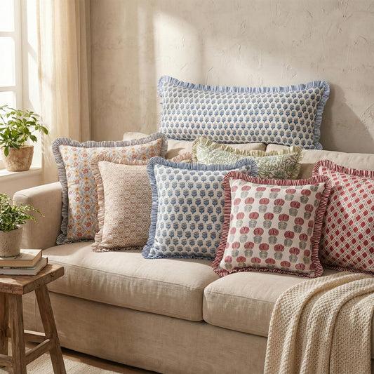THE ART BOX Tulip Jaal Maroon - Hand Block Printed Ruffle Throw Pillow Cover 36X14 Inch,100% Cotton Decorative Cushion Cover with Hidden Zipper for Couch, Bed, Sofa, Farmhouse & Cottagecore Home Décor