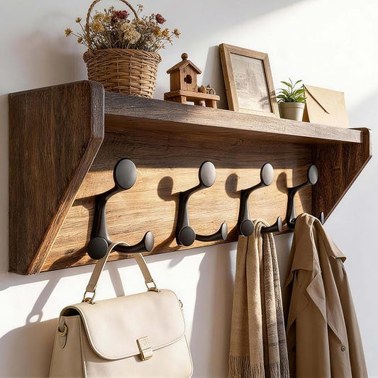 SKOLOO Wall Shelf with Hooks, 24-Inch, Weathered Brown | Coat Rack Wall Mount with Shelf, Heavy Duty, 4 Tri Hooks, Perfect for Entryway, Hallway, Living Room, Bedroom, Mudroom