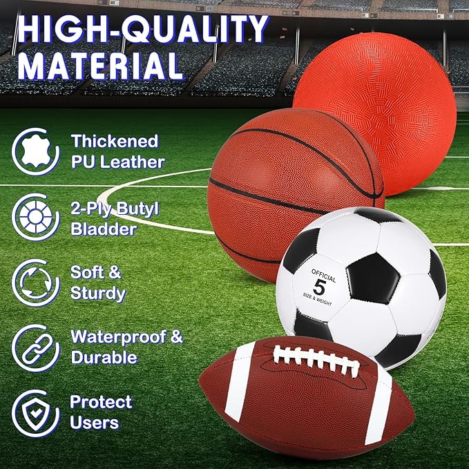 Deekin 8 Pcs Sports Balls Set for Adult Assorted Football Basketball Soccer Playground Balls Official Size with Bags Pumps Outdoor Sports Equipment Athletic Gift