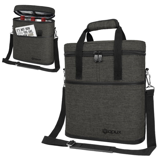 opux 3 Bottle Wine Carrier Tote, Insulated Leakproof Wine Cooler Bag, Wine Travel Bag for Picnic BYOB Beach, Portable Wine Bottle Carrying Case, Gift for Wine Lover Women Men Christmas, Charcoal Grey