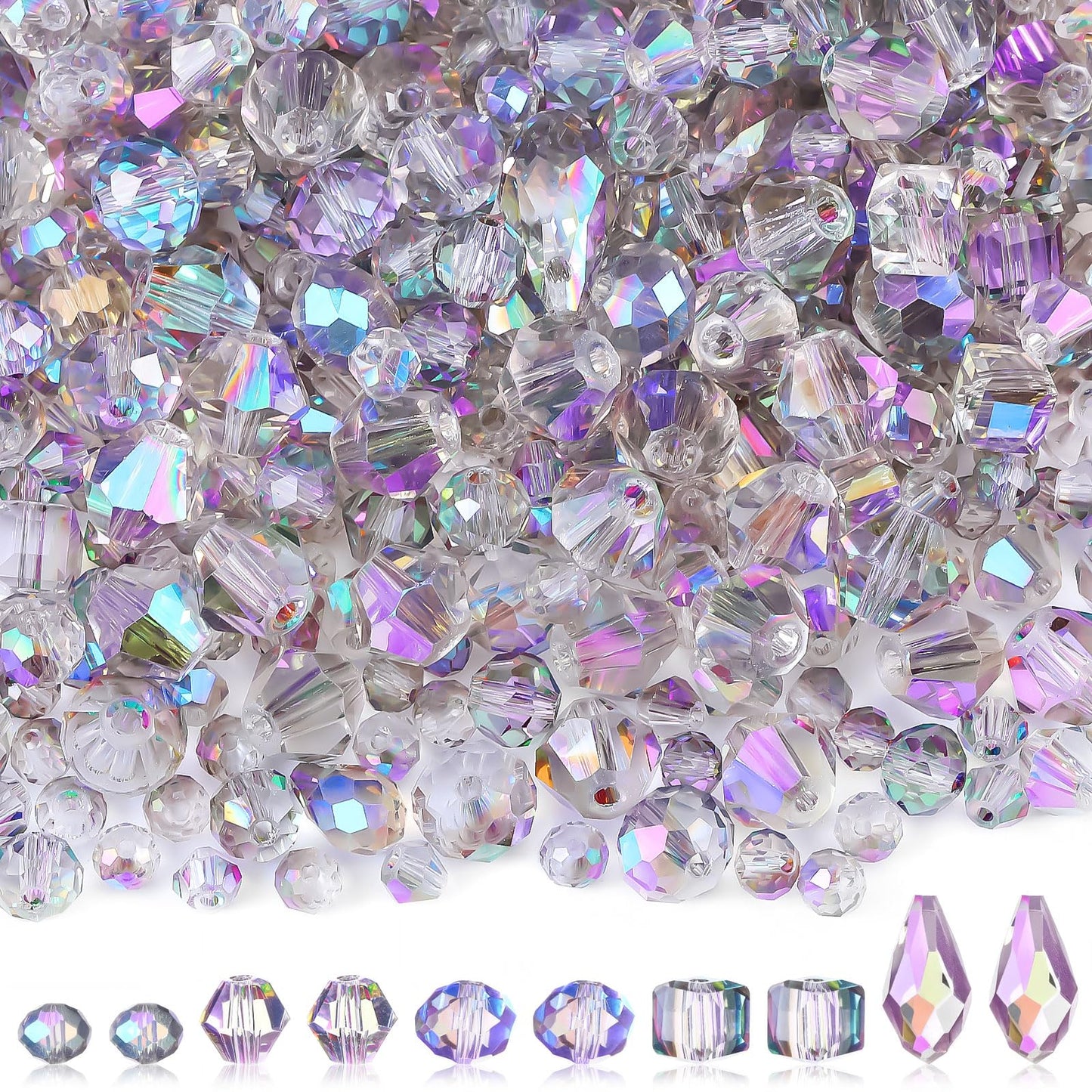 Kigeli 1280 Pcs Glass Beads Bulk Assorted Crystal Beads for Jewelry Making Faceted Teardrop Rondelle Briolette for DIY Crafts Necklace Wristband Earring Kit (Classic,Silver Champagne)