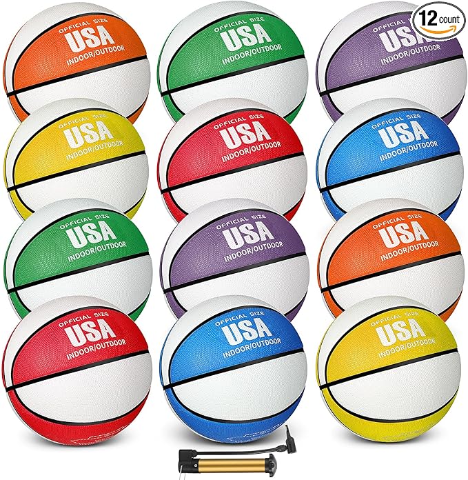 Lenwen 12 Pieces Rubber Basketball Bulk Official Size Basketball with Pump for Game Practice Training Street Ball Sport Gift for Kids Youth Teens Adults Indoor Outdoor