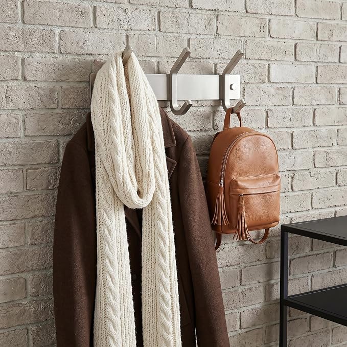 Small Coat Rack Wall Mount – Brushed Nickel 9 Inch Stainless Steel Hook Rail with 3 Heavy Duty Double Coat Hooks – Wall Mounted Coat Hanger for Entryway, Bathroom, Bedroom, Hat Organizer - 2 Pack