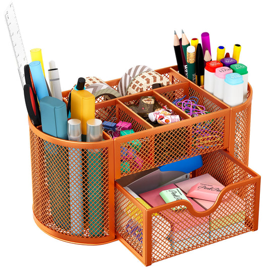EasyPAG Mesh Pen Holder Desk Organizer with Drawer Stationery Supplies Organizer for Dorm School 9 Compartments Workspace Desk Accessories Organization for Office, Orange