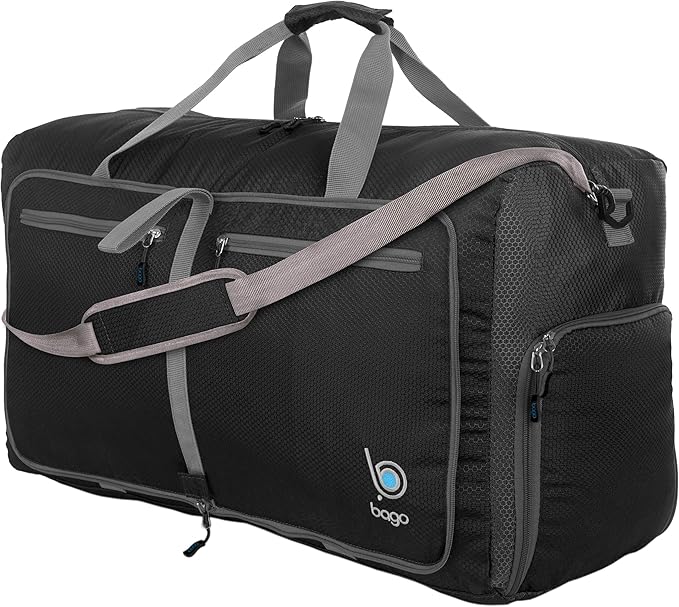 Bago Large Foldable Duffel Bags for Traveling Women & Men - 80L Packable Duffle Bag for Travel with Shoe Compartment - Water Repellant, Heavy Duty, Lightweight Folding & Collapsible (Black)