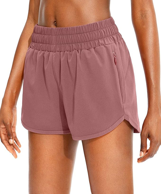 SANTINY Women's Running Shorts with Zip Pockets High Waisted Athletic Workout Gym Shorts for Women with Liner